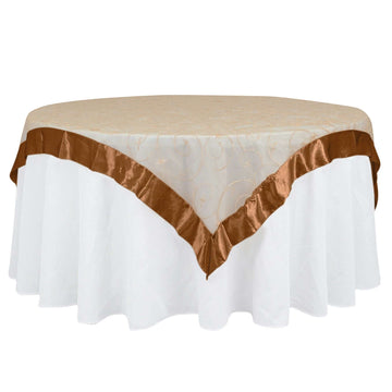 60"x60" Gold Embroidered Sheer Organza Square Table Overlay With Satin Edge