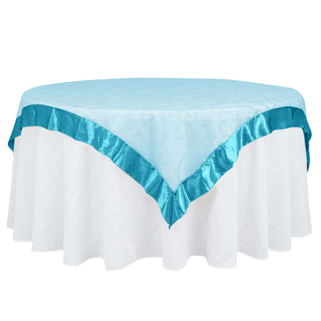 60"x60" Turquoise Embroidered Sheer Organza Square Table Overlay With Satin Edge