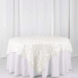 72x72inch Ivory 3D Rosette Satin Table Overlay, Square Tablecloth Topper