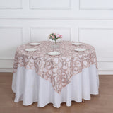 72x72inch Blush Rose Gold Sequin Leaf Embroidered Seamless Tulle Table Overlay