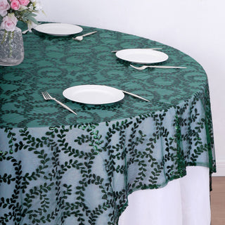Dazzle Your Guests with the Hunter Emerald Green Sequin Leaf Embroidered Tulle Table Overlay