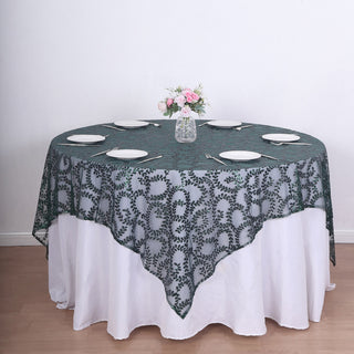 Create Unforgettable Tablescapes with the Hunter Emerald Green Sequin Leaf Embroidered Tulle Table Overlay