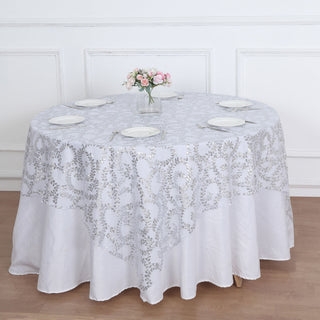 Elevate Your Table Decor with the Silver Sequin Leaf Embroidered Table Overlay