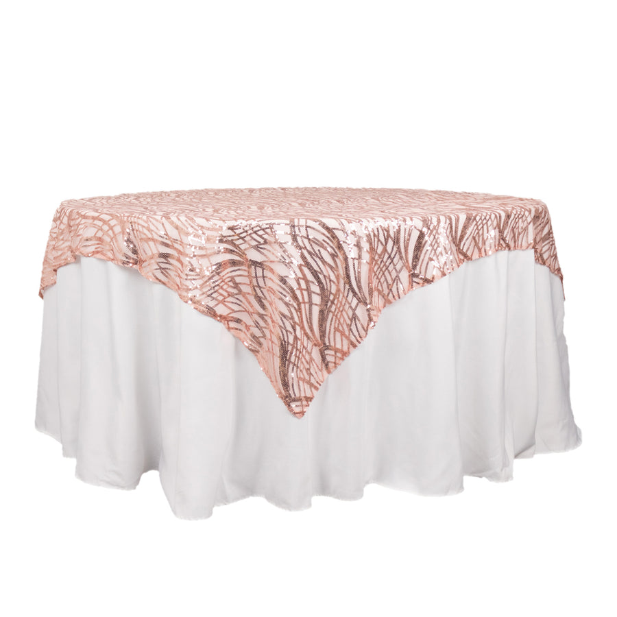 72x72inch Blush Rose Gold Wave Mesh Square Table Overlay With Embroidered Sequins
