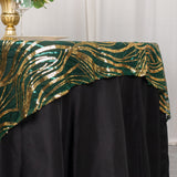 72x72inch Hunter Emerald Green Gold Wave Mesh Square Table Overlay With Embroidered Sequins