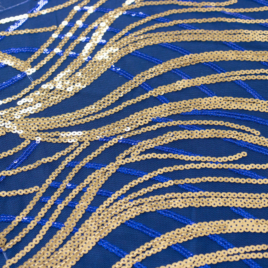 72x72inch Royal Blue Gold Wave Mesh Square Table Overlay With Embroidered Sequins#whtbkgd