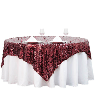 Elevate Your Event with the Burgundy Premium Big Payette Sequin Square Table Overlay