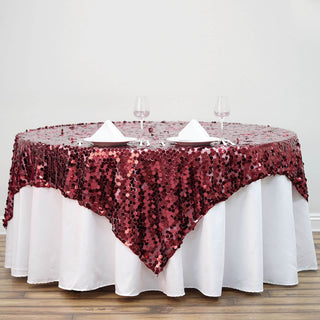 Add a Touch of Elegance to Your Event with the Burgundy Premium Big Payette Sequin Square Table Overlay