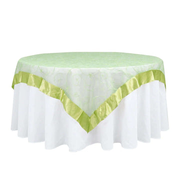 72"x72" Apple Green Embroidered Sheer Organza Square Table Overlay With Satin Edge