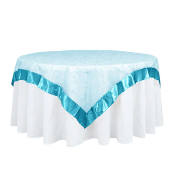 72"x72" Turquoise Embroidered Sheer Organza Square Table Overlay With Satin Edge