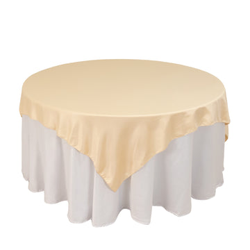 72"x72" Beige Lamour Satin Table Overlay, Square Tablecloth Topper