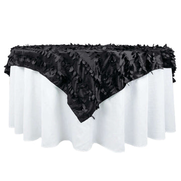 72"x72" Black 3D Leaf Petal Taffeta Fabric Table Overlay