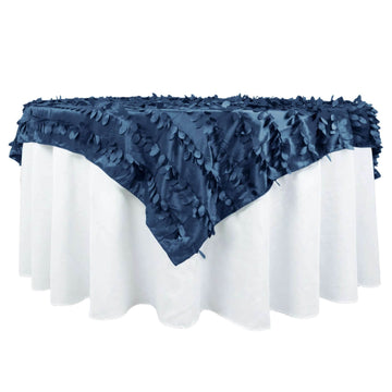 72"x72" Navy Blue 3D Leaf Petal Taffeta Fabric Table Overlay