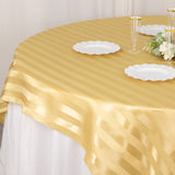 Champagne Satin Stripe Square Table Overlay, Smooth Elegant Table Topper