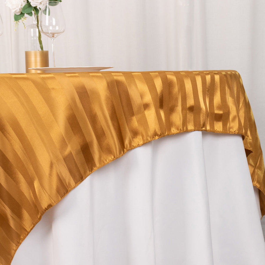 Gold Satin Stripe Square Table Overlay, Smooth Elegant Table Topper