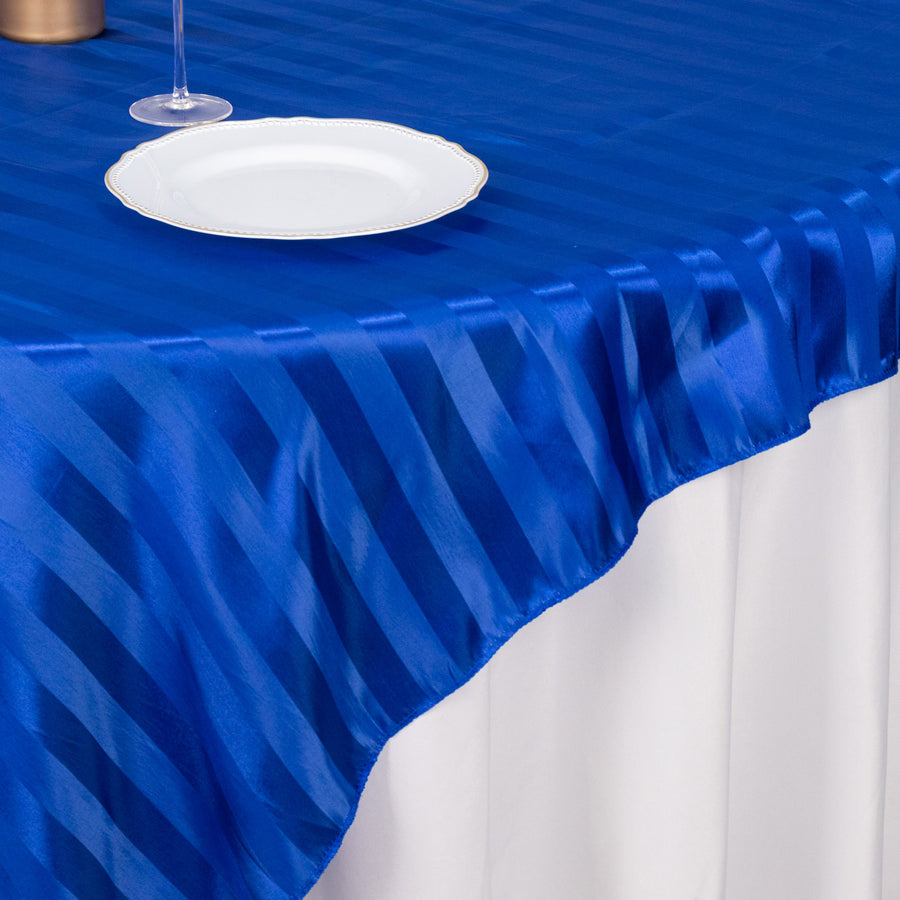 Royal Blue Satin Stripe Square Table Overlay, Smooth Elegant Table Topper