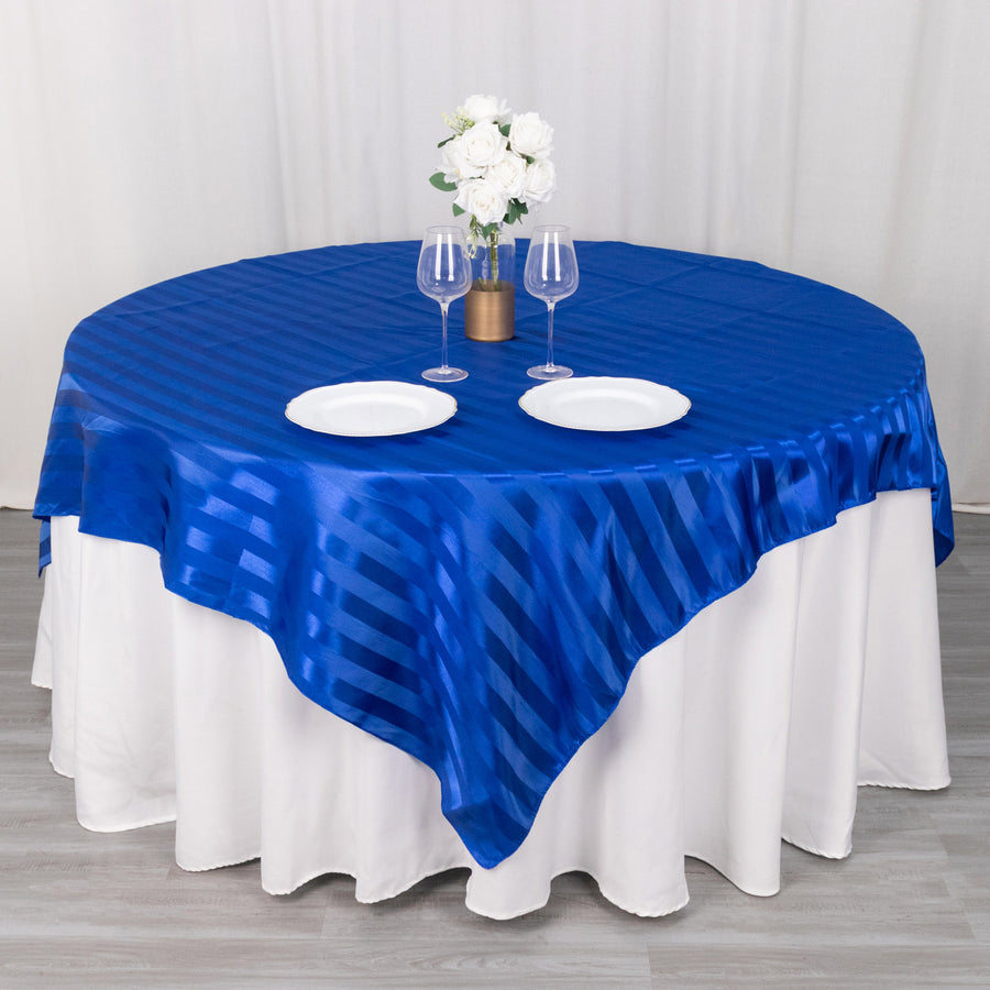 Royal Blue Satin Stripe Square Table Overlay, Smooth Elegant Table Topper