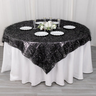Black Metallic Fringe Shag Tinsel Square Polyester Table Overlay