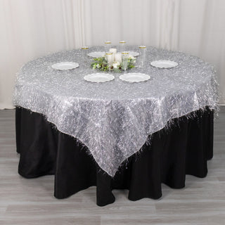Enhance Your Event Decor with the Silver Metallic Fringe Shag Tinsel Table Overlay