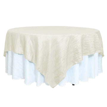 90"x90" Ivory Accordion Crinkle Taffeta Square Table Overlay