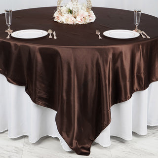 Elevate Your Event Decor with the Chocolate Seamless Satin Square Table Overlay