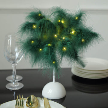 15" LED Hunter Emerald Green Feather Table Lamp Wedding Centerpiece, Battery Operated Cordless Desk Light
