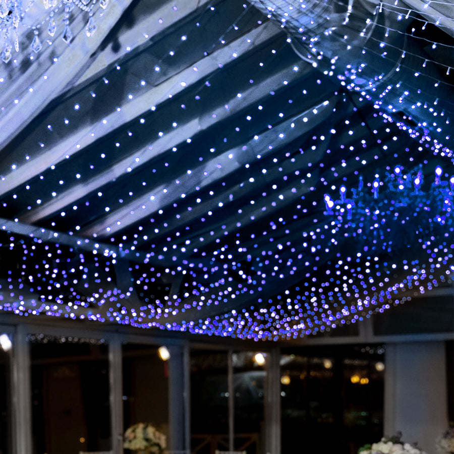 Blue 600 LED Twinkle Fairy Lights with 8 Modes, Plug In Connectable Curtain String Lights