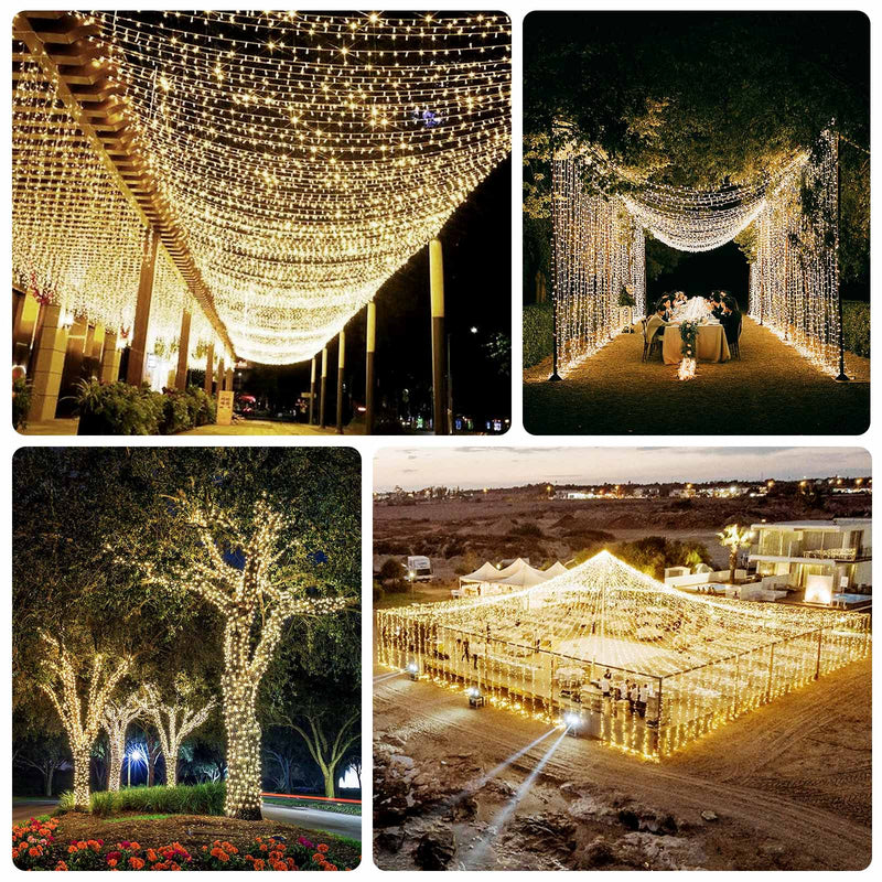 Warm white string lights draped over outdoor event spaces