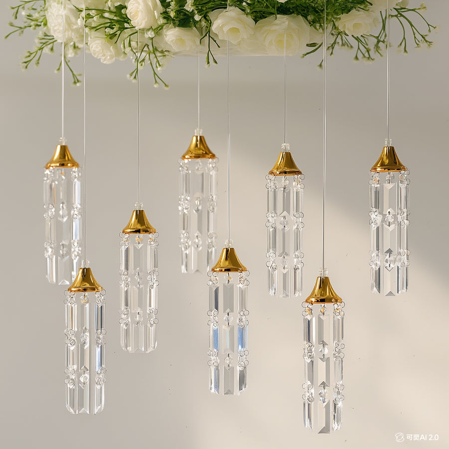 LED Hanging Crystal String Lights – Gold Bell Frame with Prism Pendants, Warm White Plug-in