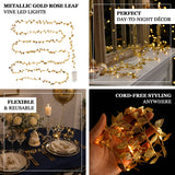 Metallic gold rose leaf vine LED lights for day-to-night decor and table styling