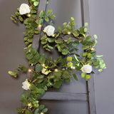 6ft Lighted Eucalyptus Garland with Ivory Roses & Battery-Operated Fairy Lights