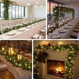 Elegant dining setup with greenery, candles, and festive decor for a special occasion.