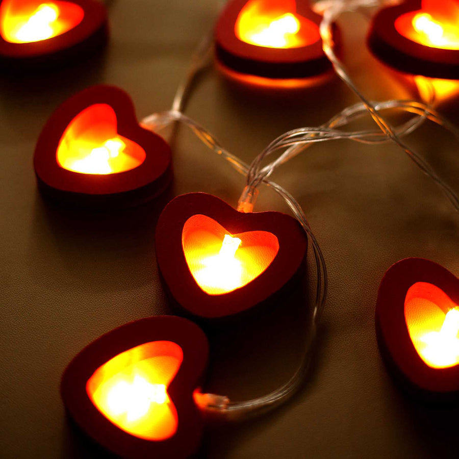 5ft Red Wooden Heart LED String Lights, Warm White Battery Operated Hanging Fairy Lights