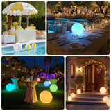 Colorful outdoor party decor with illuminated spheres and festive table settings.