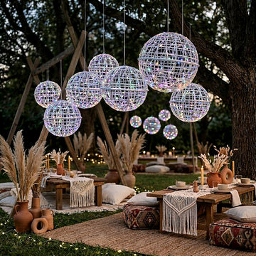 4 Pack LED Lighted Decorative Sphere Balls – 19" White Woven Rattan Orbs, 520 Multicolor LEDs, 8 Lighting Modes, End-to-End Connectable, Plug-In