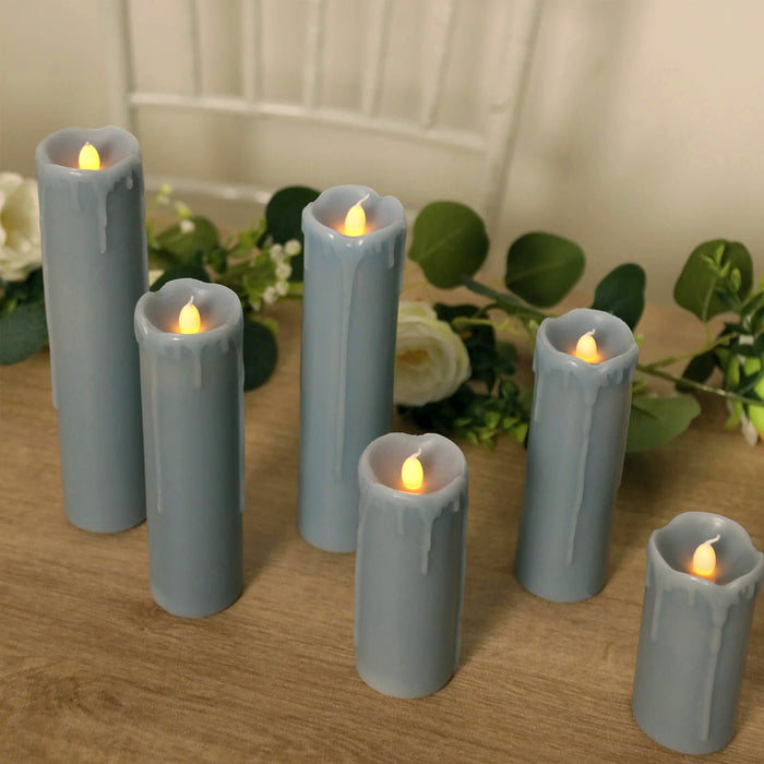 Set of 6 LED Flameless Luminaria Candles Drip Wax Dusty Blue - Battery Operated Pillar Lighting