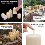 Ribbed LED flameless pillar candle set with realistic faux flame design
