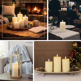 Candle set in various cozy settings by a fireplace and dining table.