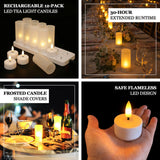 Rechargeable 12-pack LED tea light candles with frosted shade covers and safe flameless design.