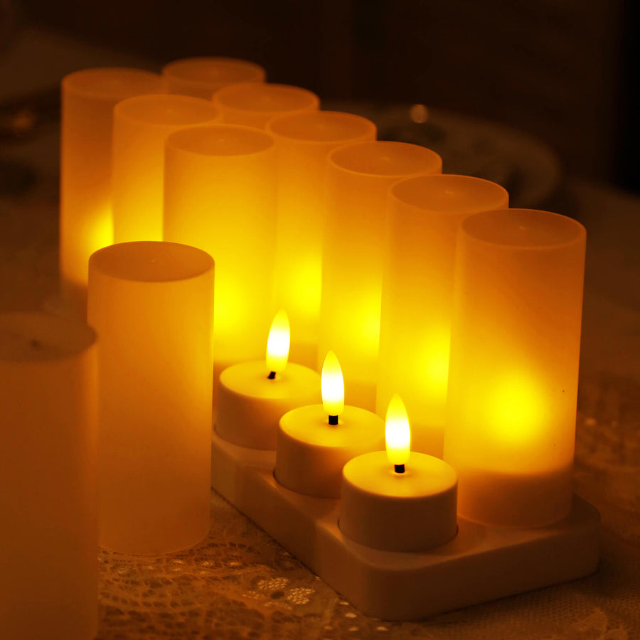 Set of glowing LED candles in various sizes, creating a warm ambiance.