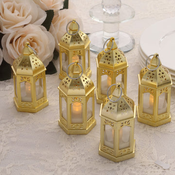 6 Pack Gold Moroccan Style Mini Lantern with Flickering LED Tealight Candles, 3.5" Battery Operated Warm White Vintage Candle Lantern Lamps
