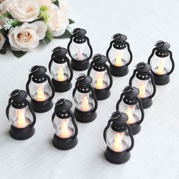 12 Pack Black Vintage Mini Lanterns with Flickering LED Candles, Battery Operated Decorative Hanging Lanterns - 3.5"
