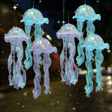 6 Pack Blue Purple Jellyfish Lamp Hanging Lantern Lights, 3 Flashing Modes Organza Ribbon 