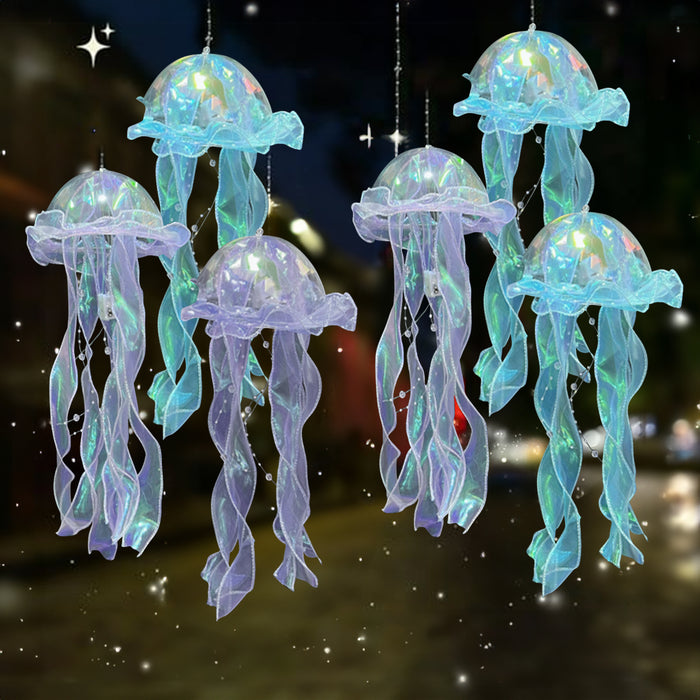 6 Pack Blue Purple Jellyfish Lamp Hanging Lantern Lights, 3 Flashing Modes Organza Ribbon