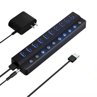 USB hub with 10 ports and LED indicators for easy charging