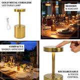 Cordless LED Table Lamp – 8inch Gold Metal, Touch-Control, USB Rechargeable