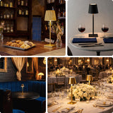 Elegant gold table lamps in various dining settings, enhancing ambiance and style.