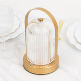8inch Gold Metal LED Table Lamp with Ribbed Acrylic Shade – Cordless USB Rechargeable Touch Light