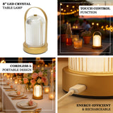 8inch Gold Metal LED Table Lamp with Ribbed Acrylic Shade – Cordless USB Rechargeable Touch Light