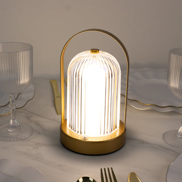 8" Gold Metal LED Table Lamp with Ribbed Acrylic Shade – Cordless USB Rechargeable Touch Control Light with 3 Color Modes